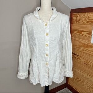 Flax 100% Linen Collared Button Up Long Sleeve Shirt Blouse Small S Cream White